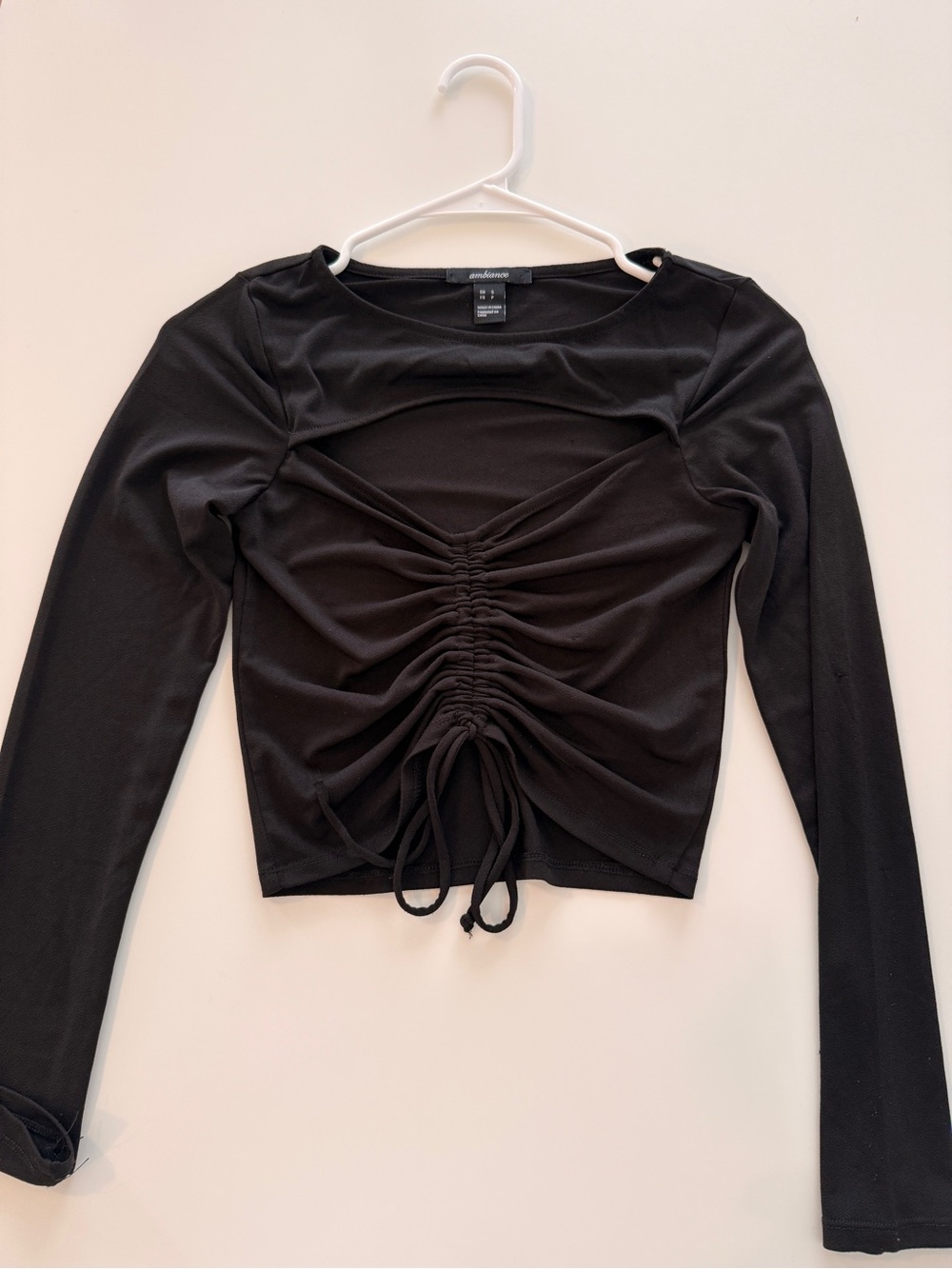 Ambiance Black Ruched Tie-Front Long-Sleeve Top